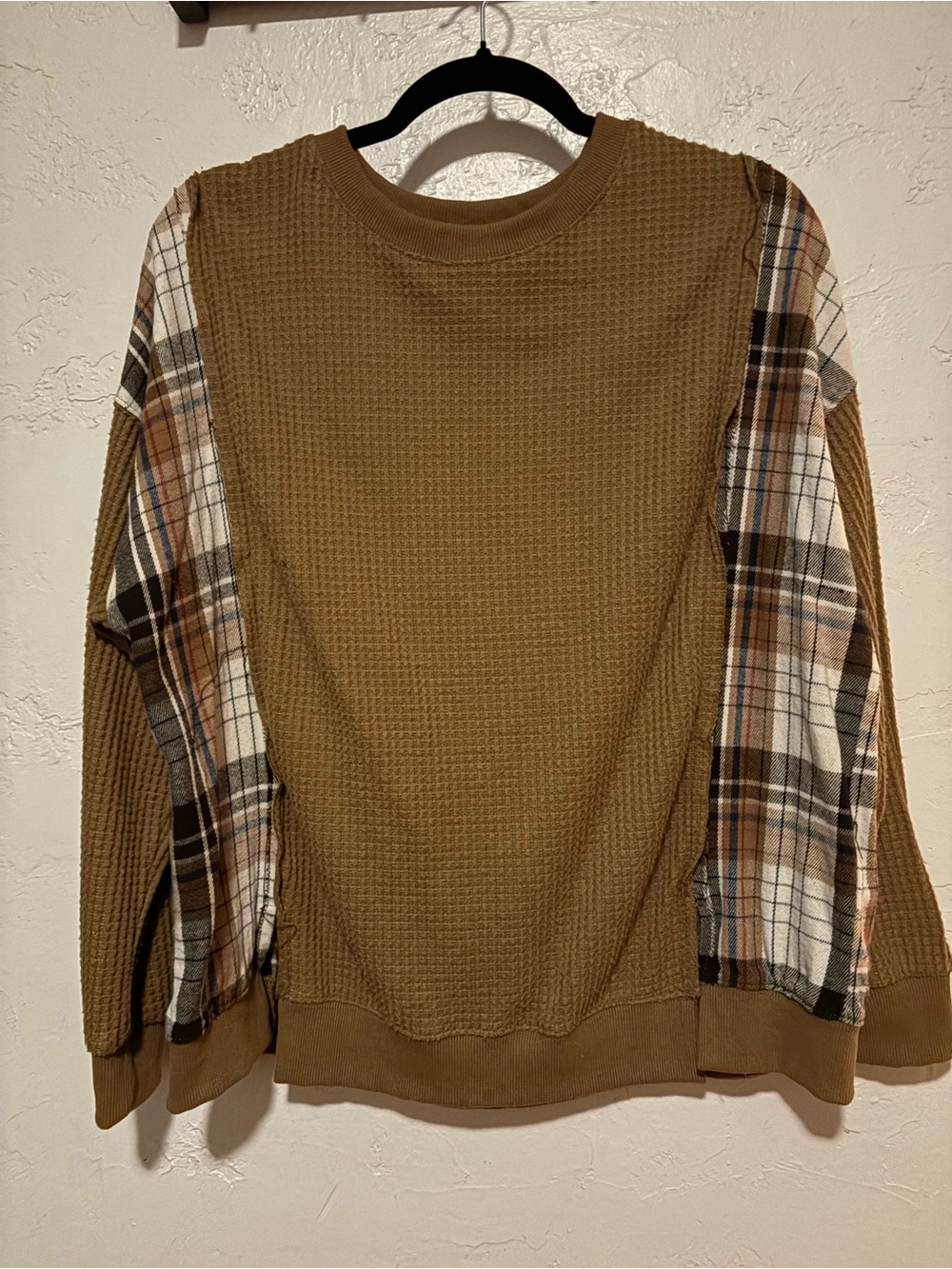 Plaid Waffle Knit Patchwork Pullover Sweatshirt Tan Brown Cozy Fall